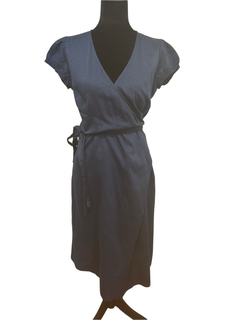 Vintage France Wrap dress small Navy Black Polka Dot Cotton Cottage knee length - Picture 4 of 12
